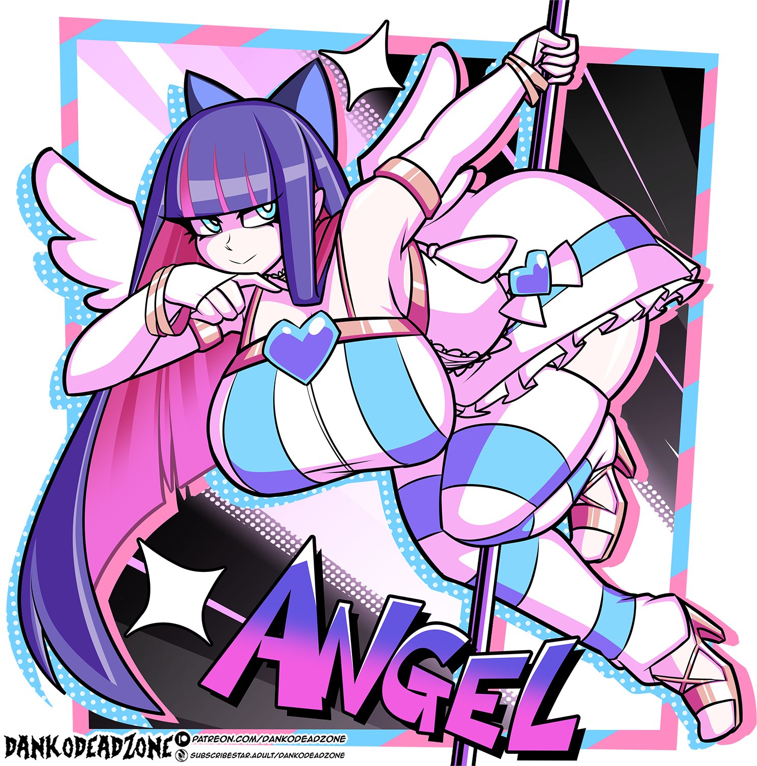 dankodeadzone, stocking (psg), panty & stocking with garterbelt, gold armlet, highres, 1girl, angel wings, aqua eyes, armlet, armpits, artist name, blue bow, blue leggings, blunt bangs, border, bow, bracelet, breasts, bright pupils, cleavage, closed mouth, colored inner hair, curvy, detached leggings, detached sleeves, dress, frilled dress, frills, full body, gold bracelet, gold trim, high heel sandals, holding, huge breasts, jewelry, leggings, long hair, looking to the side, multicolored hair, patreon username, pole, purple hair, sandals, solo, streaked hair, stripper pole, thick thighs, thighs, two-tone hair, very long hair, watermark, web address, white border, white dress, white leggings, white pupils, wings