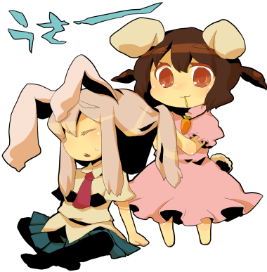 azuma seiji, inaba tewi, reisen udongein inaba, touhou, bad id, bad pixiv id, lowres, 2girls, animal ears, brown eyes, brown hair, carrot, chibi, female focus, long hair, mouth hold, multiple girls, necktie, rabbit ears, red necktie, short hair, skirt, thighhighs