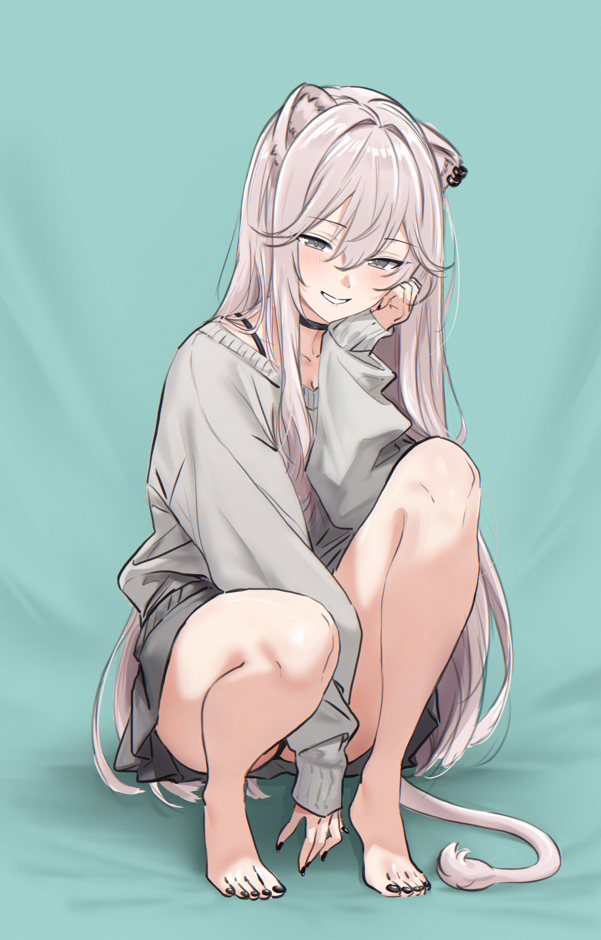 zexalmike, shishiro botan, hololive, absurdres, commentary request, highres, 1girl, ahoge, alternate costume, animal ear fluff, animal ears, bare legs, barefoot, black choker, black nails, black panties, choker, double-parted bangs, feet, full body, grey eyes, grey hair, grey skirt, grey sweater, hair between eyes, hand up, legs, lion ears, lion tail, long hair, long sidelocks, looking at viewer, messy hair, miniskirt, nail polish, panties, panty peek, pleated skirt, sidelocks, simple background, skirt, sleeves past wrists, solo, sweater, tail, toenail polish, toenails, toes, underwear, very long hair, virtual youtuber