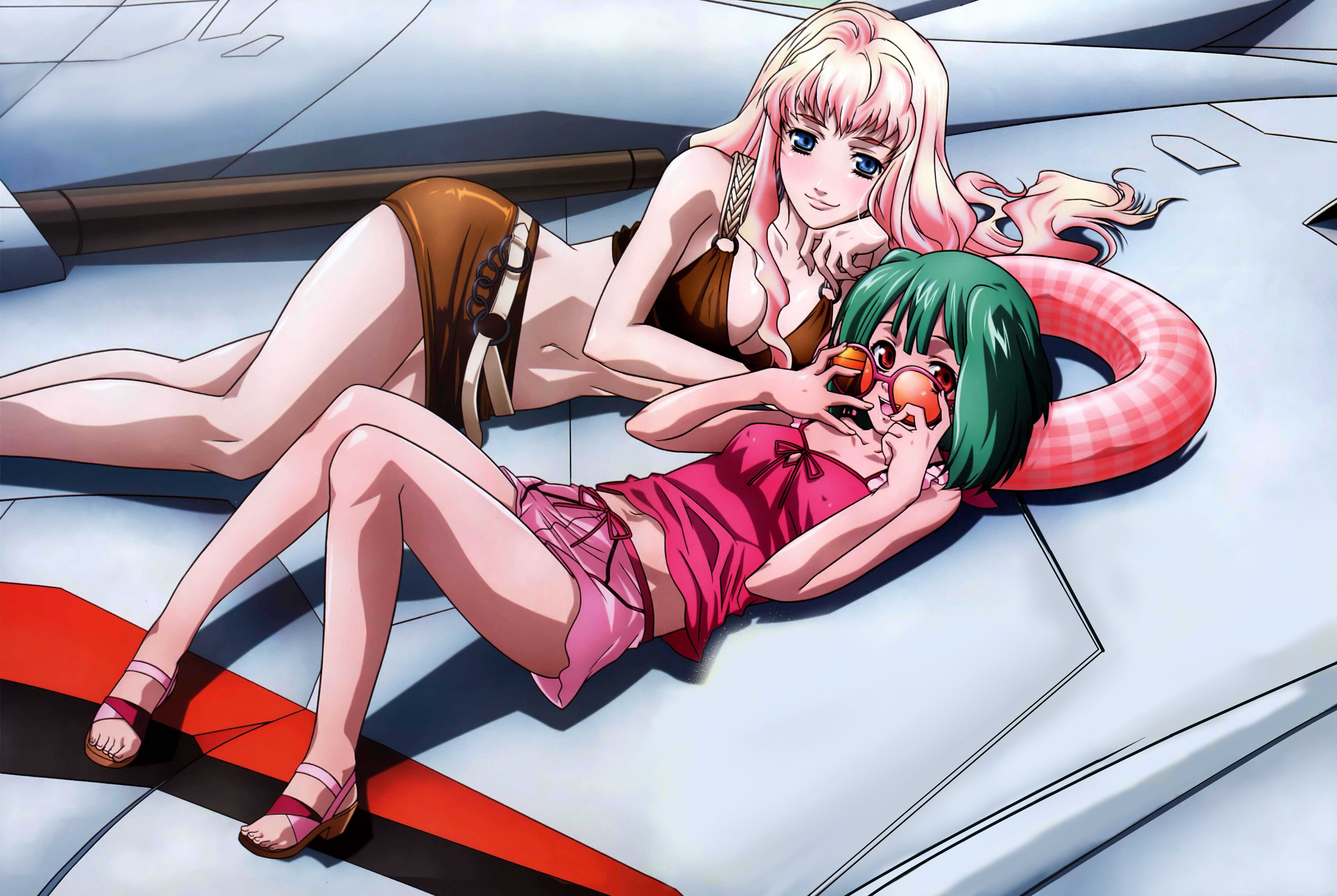 yokota mamoru, ranka lee, saotome alto, sheryl nome, macross, macross frontier, absurdres, highres, 00s, 2girls, adjusting eyewear, belt, blonde hair, blue eyes, breasts, camisole, cleavage, covered erect nipples, crop top, flat chest, from above, glasses, green hair, innertube, large breasts, legs, lying, midriff, miniskirt, multiple girls, on back, on side, red eyes, sandals, skirt, small breasts, smile, sunglasses, swim ring