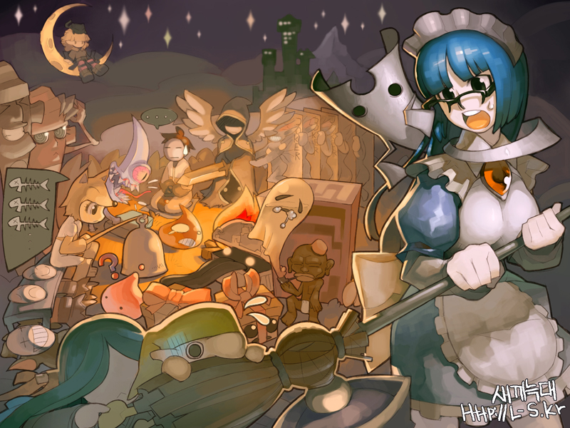 l.wolf, acolyte (ragnarok online), alice (ragnarok online), baroness of retribution, goblin (ragnarok online), greatest general (ragnarok online), loli ruri, mimic (ragnarok online), mimic chest, miyabi doll, moonlight flower, myst case, ogretooth, poring, whisper (ragnarok online), ragnarok online, commentary, english commentary, …, 3boys, 6+girls, ?, apron, bell, black-framed eyewear, blue dress, blue eyes, blue hair, blunt bangs, breasts, broom, campfire, cookie (ragnarok online), cowboy shot, dress, feathered wings, fire, glasses, holding, holding broom, joker (ragnarok online), living weapon, long hair, maid headdress, mask, masked, medium breasts, mimic, multiple boys, multiple girls, night, on crescent, open mouth, outdoors, short hair, sitting, slime (creature), standing, the paper (ragnarok online), totem, white apron, white wings, wings, zerom (ragnarok online)