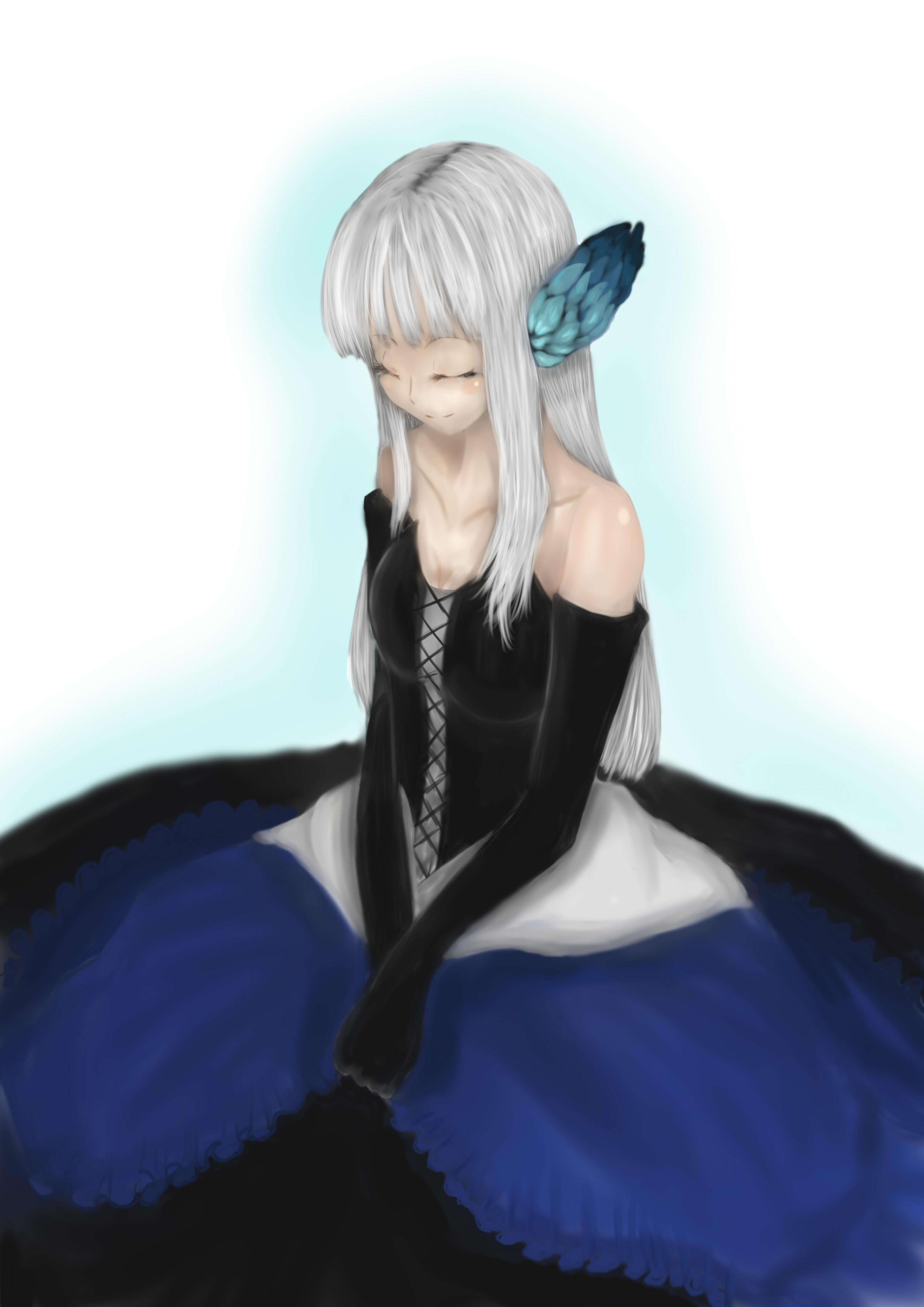 kanpe, gwendolyn (odin sphere), odin sphere, absurdres, highres, 1girl, corset, dress, female focus, gloves, solo, strapless, strapless dress, white hair