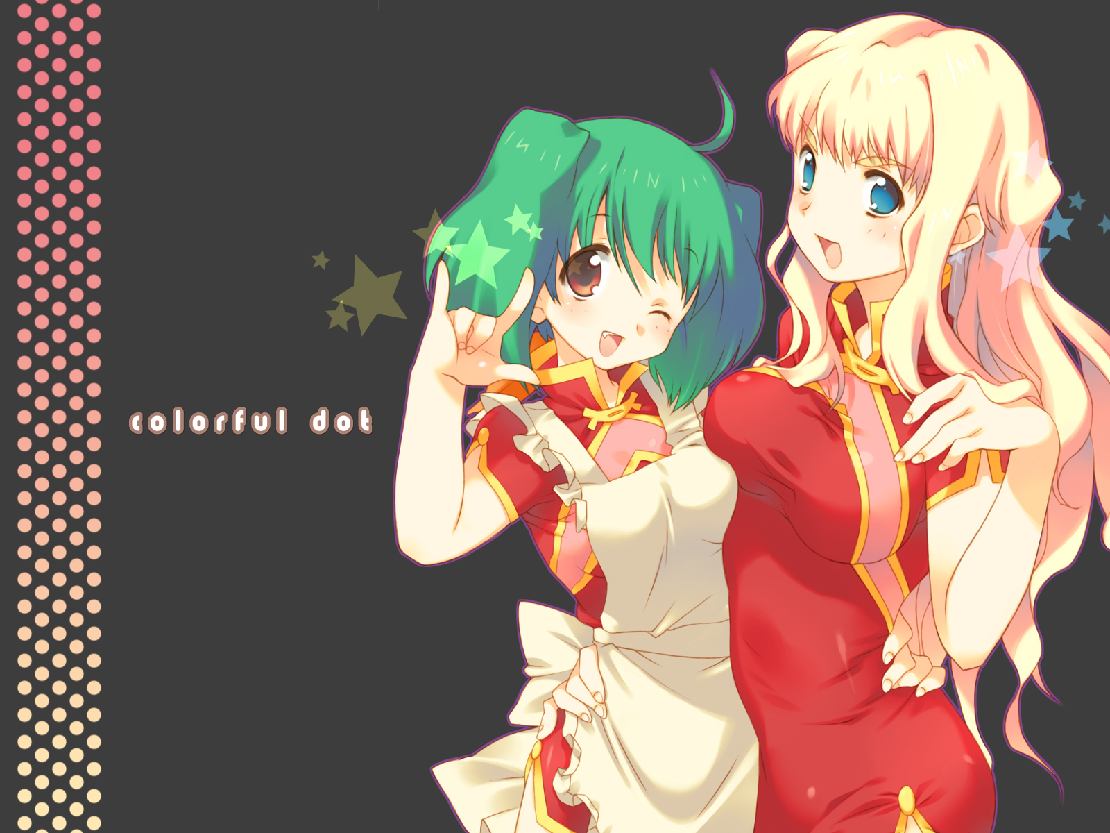 ishikawa mami, ranka lee, sheryl nome, macross, macross frontier, highres, 00s, m/, ahoge, apron, blonde hair, blue eyes, china dress, chinese clothes, dress, fang, green hair, long hair, one eye closed, open mouth, short hair, wink