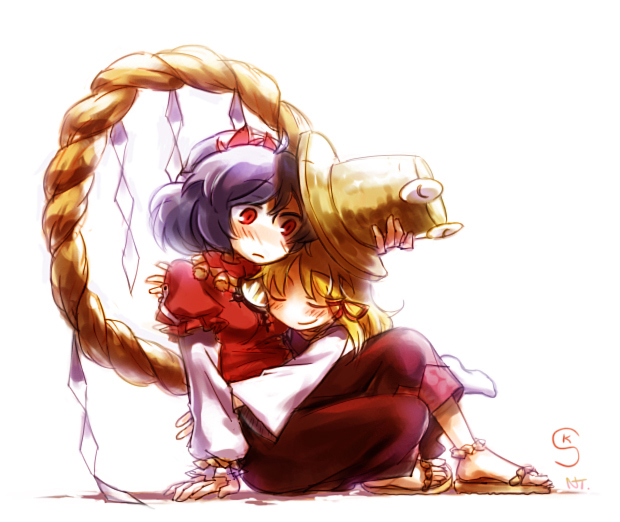 nightea, moriya suwako, yasaka kanako, touhou, 2girls, blonde hair, blush, closed eyes, female focus, hat, holding, holding unworn clothes, holding unworn hat, hug, multiple girls, purple hair, red eyes, rope, sandals, shide, shimenawa, short hair, simple background, smile, socks, unworn hat, unworn headwear, white background