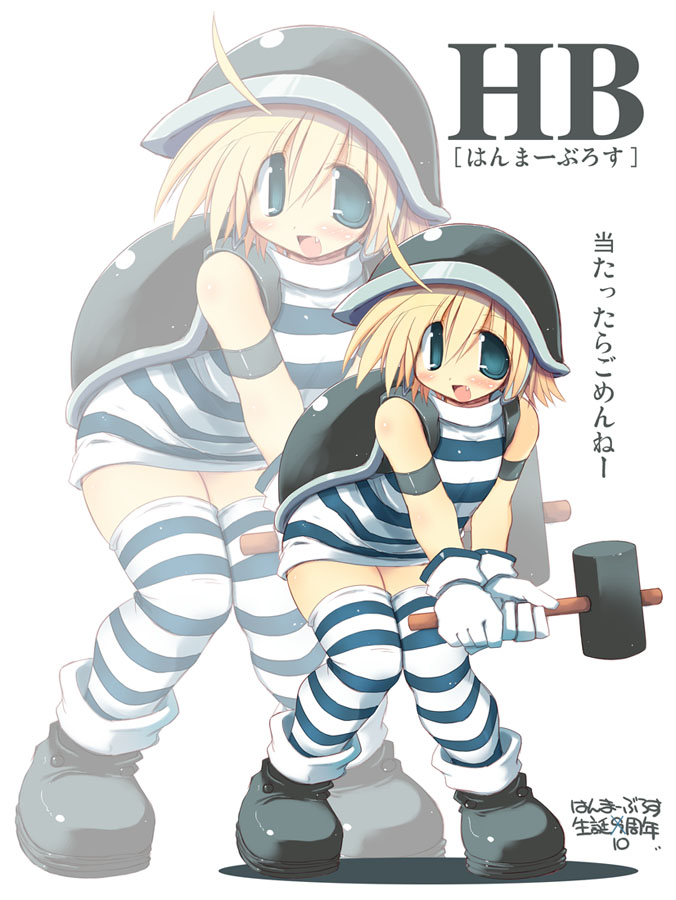 sakaki (noi-gren), hammer bro, mario (series), nintendo, translation request, 1girl, blonde hair, blue eyes, cosplay, fang, female focus, gloves, hammer, hammer bro (cosplay), helmet, personification, shell, shirt, short hair, solo, striped clothes, striped shirt, striped thighhighs, thighhighs, zettai ryouiki, zoom layer