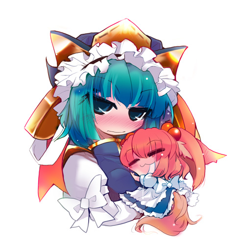 usoneko, onozuka komachi, shiki eiki, touhou, bad id, bad pixiv id, lowres, 2girls, :3, animal ears, blush, chibi, female focus, green hair, hair bobbles, hair ornament, hat, multiple girls, saliva, simple background, sleeping, tail, white background