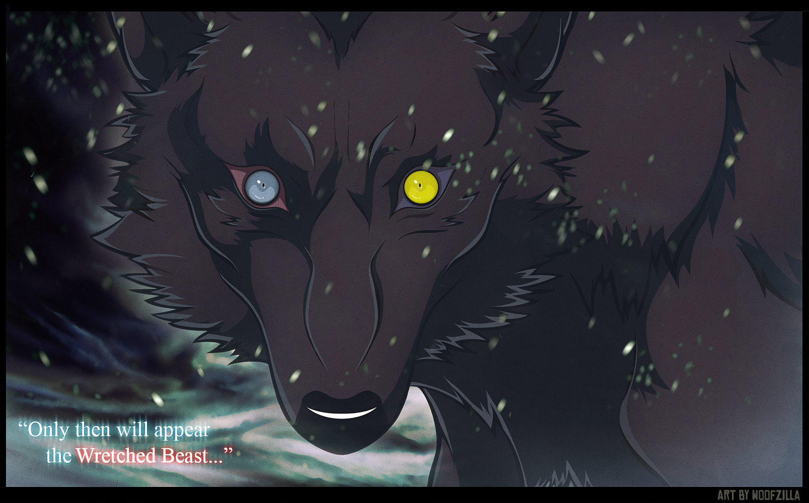 woofzilla, darcia, wolf's rain, commentary, english commentary, highres, animal, animal focus, english text, grey eyes, heterochromia, letterboxed, looking at viewer, no humans, snowing, solo, wolf, yellow eyes