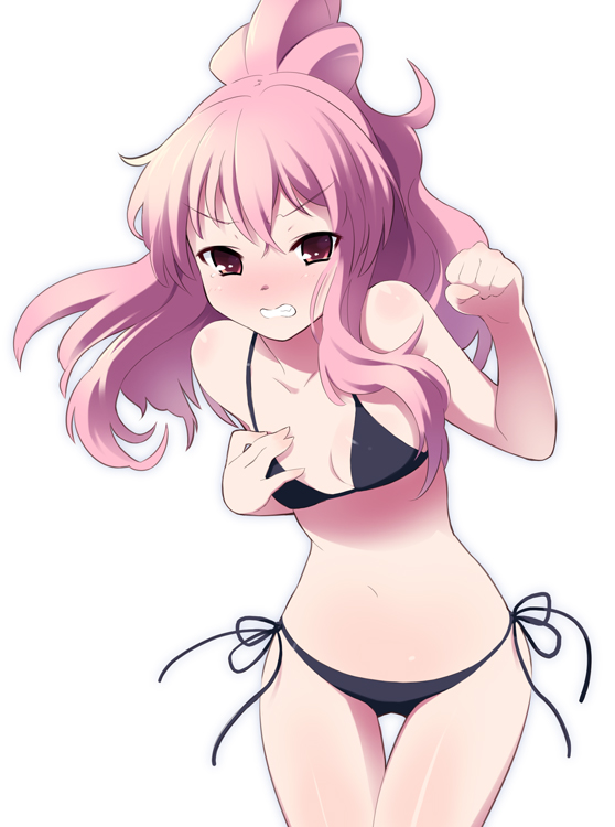 oryo (oryo04), louise francoise le blanc de la valliere, zero no tsukaima, bad id, bad pixiv id, 00s, 1girl, angry, bare shoulders, bikini, black bikini, blush, breasts, clenched hand, clenched teeth, female focus, hip focus, long hair, navel, pink hair, ponytail, red eyes, side-tie bikini bottom, small breasts, solo, string bikini, swimsuit, teeth, thigh gap, thighs, wide hips