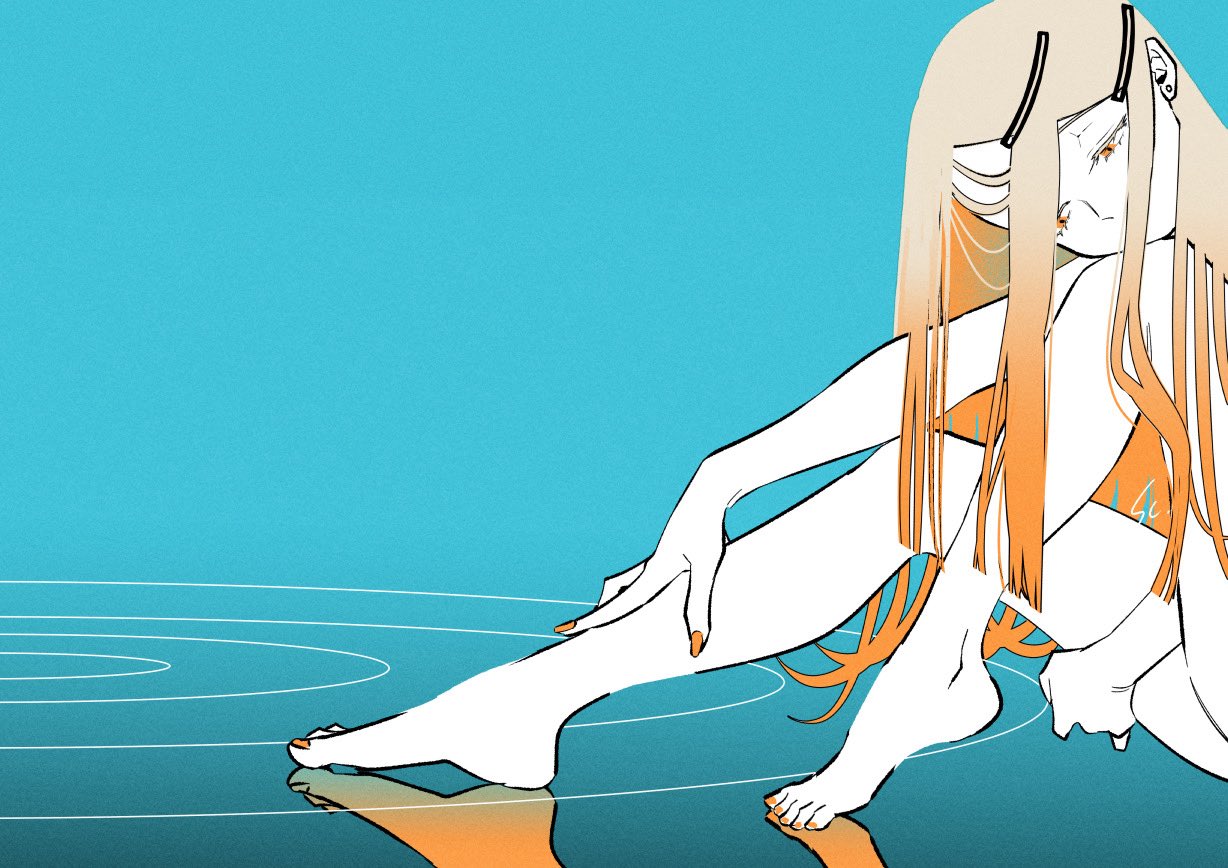 saltyacurry, shinosawa hiro, gakuen idolmaster, idolmaster, commentary, 1girl, aqua background, barefoot, blonde hair, completely nude, covered mouth, feet, fingernails, flipped hair, long hair, looking down, nail polish, nude, ripples, simple background, sitting, solo, toenail polish, toenails, toes