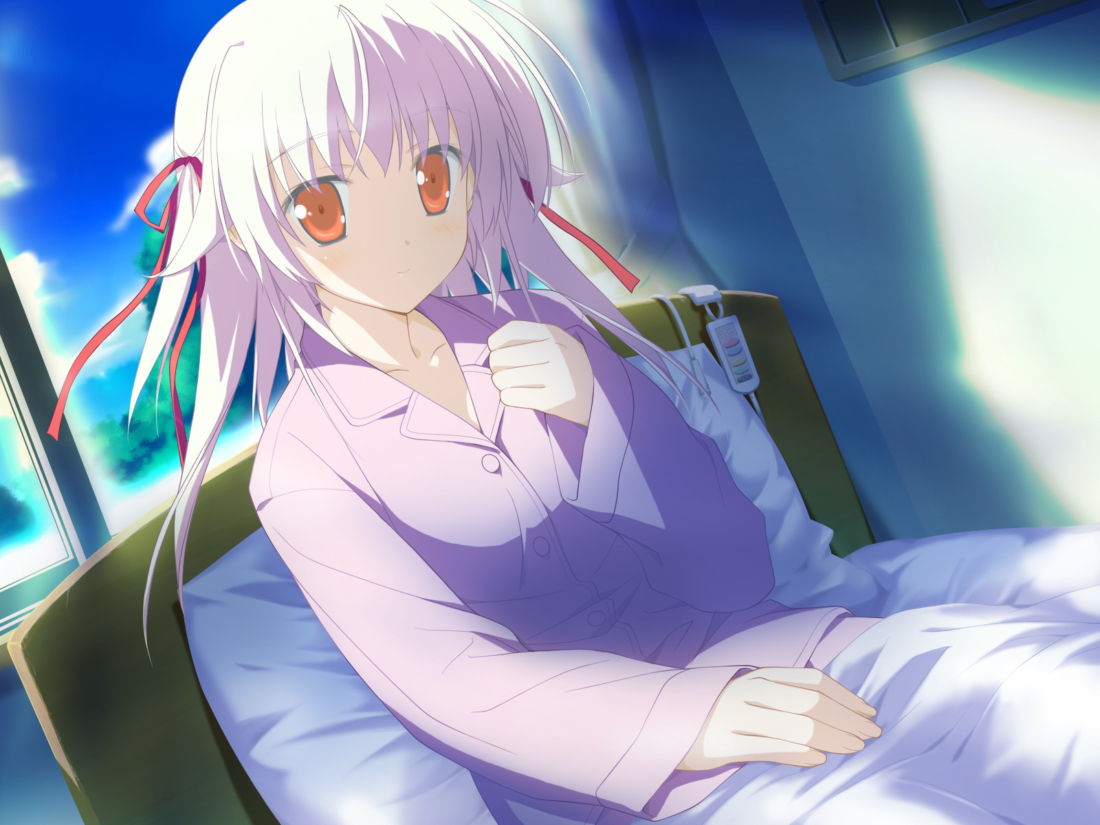 shida kazuhiro, ototsu yume, hoshizora no memoria, game cg, highres, 1girl, bed, day, female focus, hair ribbon, hospital, orange eyes, ribbon, sky, solo, white hair, window