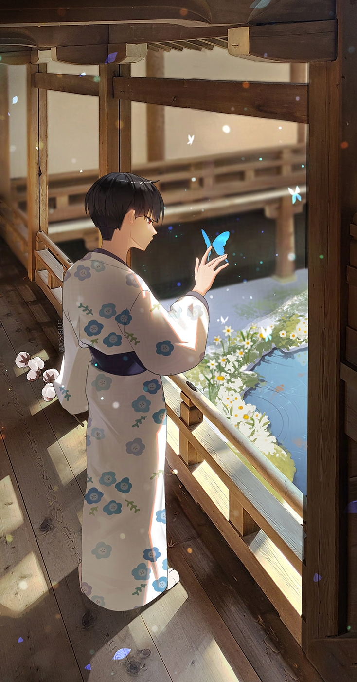 8083 blue, hoshina soshiro, kaijuu no. 8, highres, 1boy, black hair, blue butterfly, blunt bangs, bug, butterfly, cotton ball, flower, insect, japanese clothes, kimono, long sleeves, male focus, photo background, red eyes, short hair, solo, tabi, white flower, white kimono