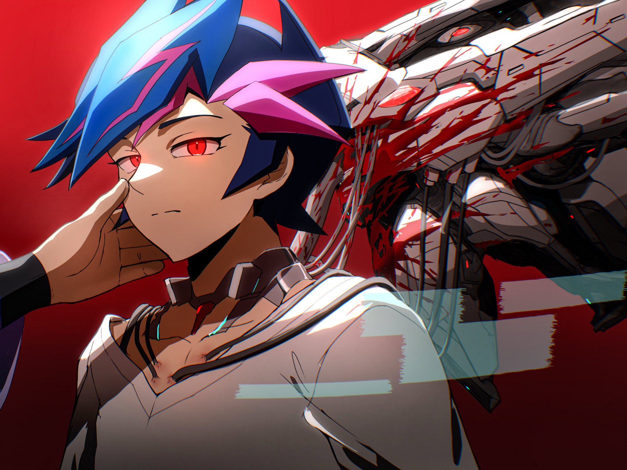 atltax 00, fujiki yusaku, yu-gi-oh!, yu-gi-oh! vrains, highres, 1boy, android, arm out of frame, arms at sides, black sleeves, blood, blood splatter, blood stain, blue hair, cable, cable insertion, collar, colored bangs, electric plug, facing to the side, hand on another's cheek, hand on another's face, holographic interface, looking to the side, male focus, mechanization, metal collar, outstretched arm, red background, red eyes, shirt, spiked hair, technology, upper body, white shirt