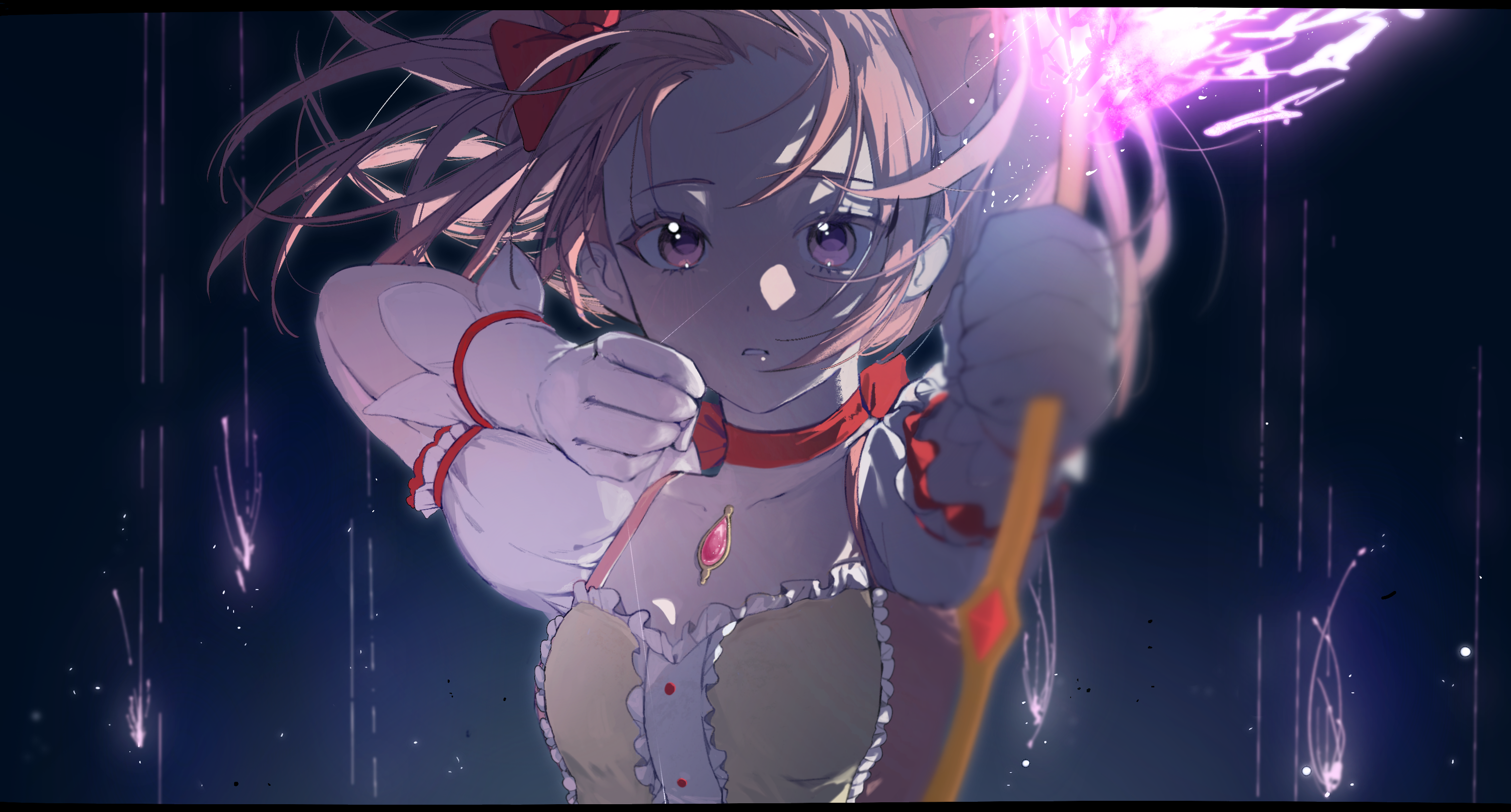 shi xu jiu zhou, kaname madoka, kaname madoka (magical girl), mahou shoujo madoka magica, mahou shoujo madoka magica (anime), chinese commentary, commentary request, highres, 1girl, aiming, arms up, blurry, blurry background, bow (weapon), breasts, buttons, center frills, choker, close-up, collarbone, dark background, darkness, depth of field, dot nose, expressionless, eyelashes, fighting stance, floating hair, foreshortening, frills, gloves, hair ribbon, holding, holding bow (weapon), holding weapon, letterboxed, light particles, looking at viewer, magic, medium hair, messy hair, outstretched arm, parted lips, pink eyes, pink hair, puffy short sleeves, puffy sleeves, red choker, red ribbon, ribbon, ribbon choker, short sleeves, short twintails, sidelighting, small breasts, solo, soul gem, twintails, upper body, weapon, white gloves