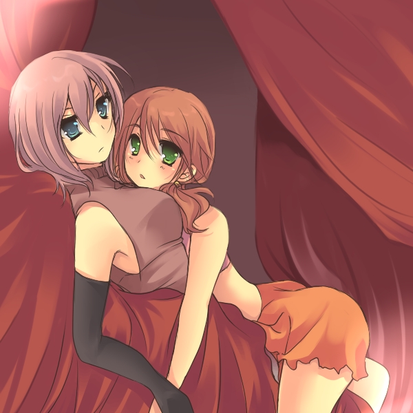 hoshihuri, lightning farron, oerba dia vanille, final fantasy, final fantasy xiii, 10s, 2girls, bed, girl on top, green eyes, midriff, multiple girls, yuri