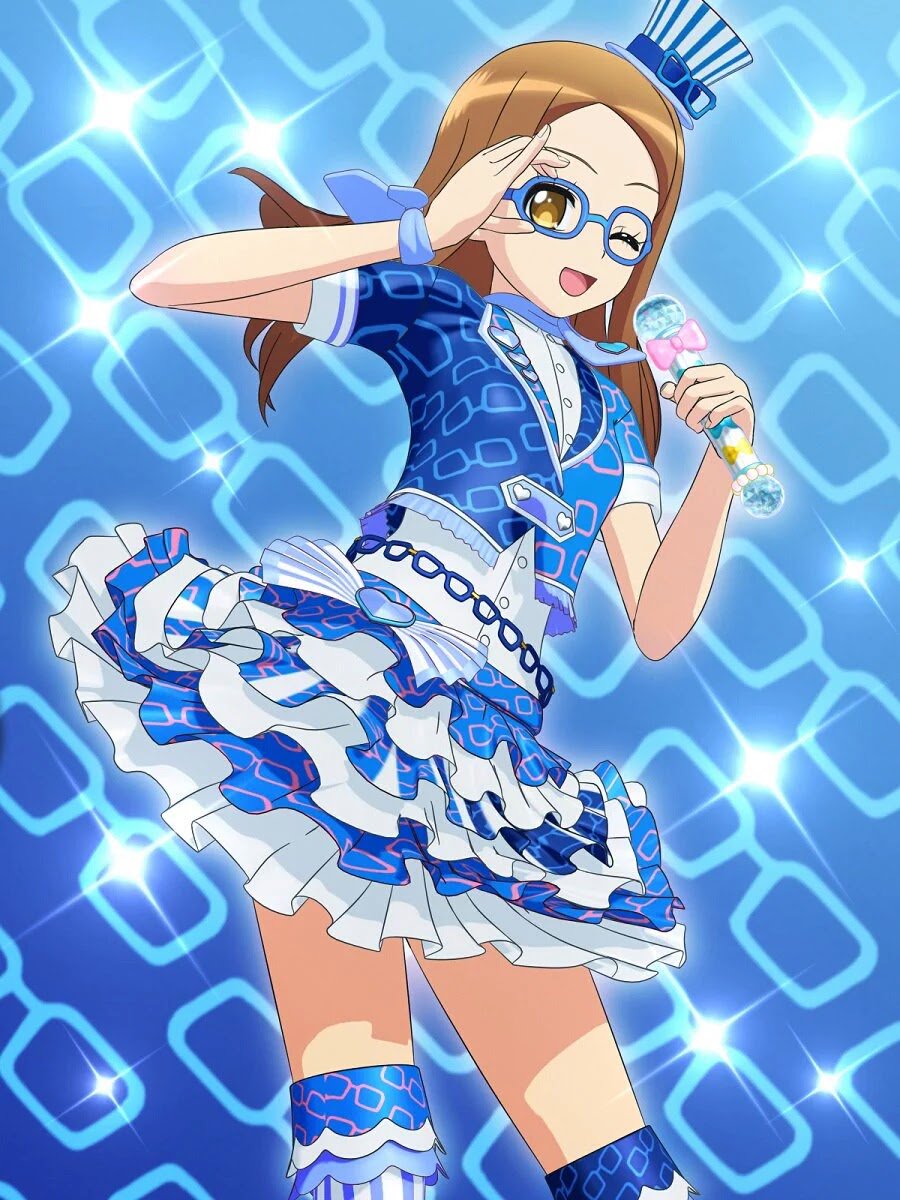 akai meganee, pretty series, pripara, highres, official art, 1girl, 3d, adjusting eyewear, belly chain, blue-framed eyewear, blue background, blue jacket, blue shirt, brown eyes, brown hair, frills, glasses, hat, holding, holding microphone, jacket, jewelry, long hair, looking at viewer, microphone, mini hat, mini top hat, one eye closed, open mouth, otudane, shirt, smile, solo, sparkle, sparkling aura, top hat