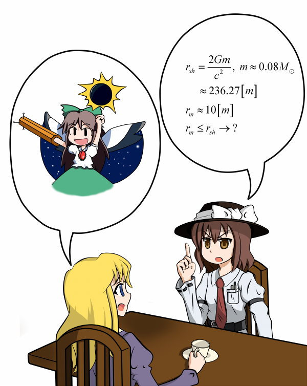 sai (artist), sai (bankoru), maribel hearn, reiuji utsuho, usami renko, ghostly field club, touhou, md5 mismatch, 3girls, arm cannon, black hole, blonde hair, bow, brown hair, chair, cup, female focus, hat, long hair, math, multiple girls, necktie, science, table, teacup, weapon, wings