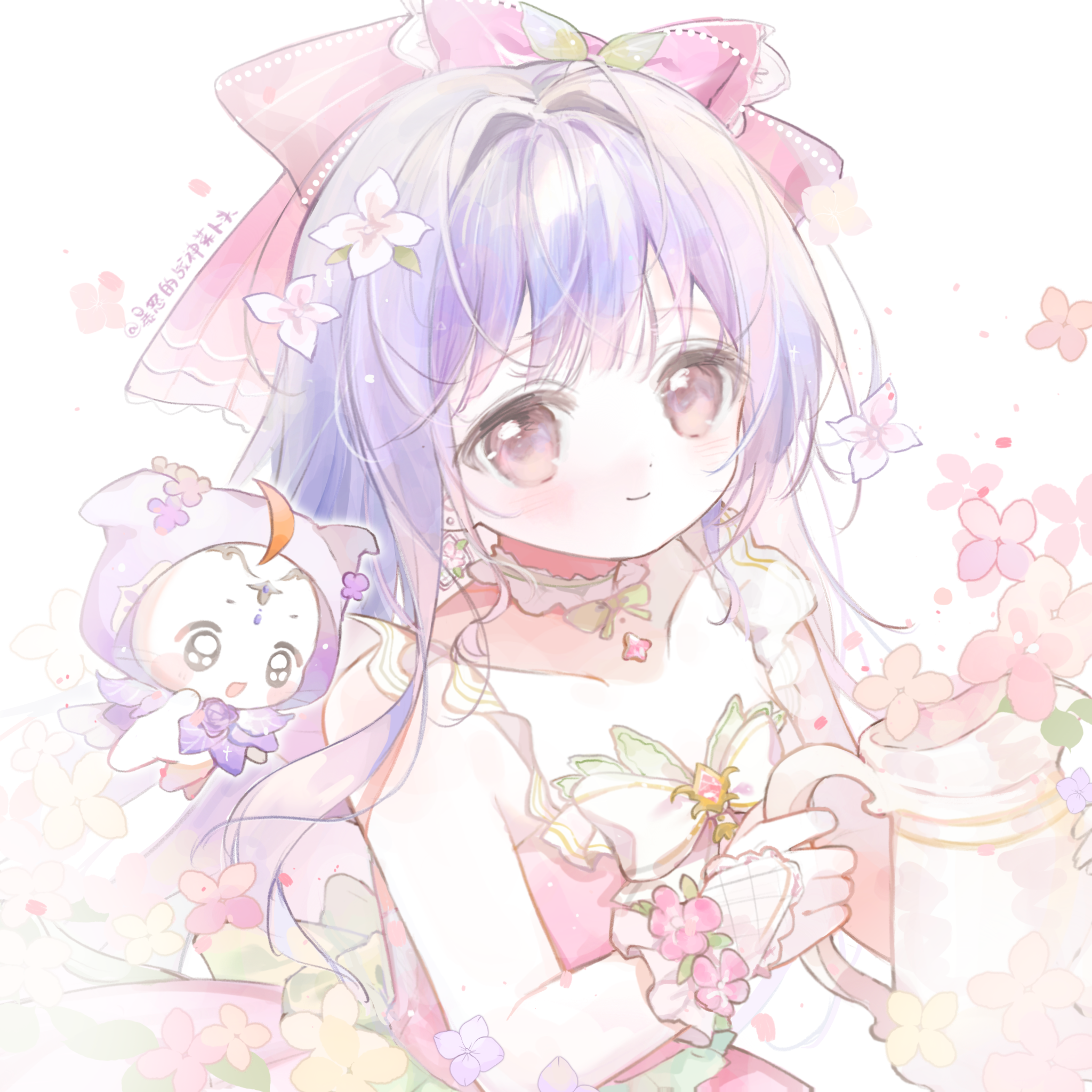 baonu de zhanshen caibutou, momo (nikki), infinity nikki, nikki (series), chinese commentary, commentary request, highres, making-of available, 1girl, ahoge, animal, argyle clothes, argyle gloves, back ribbon, bare shoulders, black eyes, blunt bangs, bow, bowtie, bracelet, brooch, brown eyes, cat, choker, circlet, cloak, closed mouth, clothed animal, collarbone, courtyard flowers (infinity nikki), cowboy shot, dot nose, dress, dress flower, ear covers, fingerless gloves, flower, flower bracelet, frilled choker, frilled dress, frilled gloves, frills, gloves, green bow, green bowtie, green choker, green ribbon, hair bow, hair flower, hair intakes, hair ornament, happy, holding, holding watering can, hood, hood up, hooded cloak, jewelry, large bow, leaf, light blush, light particles, long hair, long sidelocks, loose hair strand, official alternate costume, pink bow, pink dress, pink flower, pleated dress, purple bow, purple bowtie, purple cloak, purple hair, ribbon, sidelocks, simple background, sleeveless, sleeveless dress, smile, standing, striped bow, tareme, very long hair, watering can, white background, white bow, white bowtie, white cat, white gloves