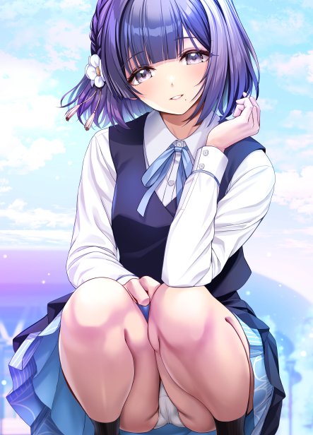 nomura teruya, hataya misuzu, gakuen idolmaster, idolmaster, 1girl, black socks, blue ribbon, blue skirt, blue sky, blue vest, blurry, blurry background, blush, braid, flower, hair flower, hair ornament, hatsuboshi gakuen school uniform, long sleeves, looking at viewer, mole, mole under mouth, neck ribbon, panties, pantyshot, parted lips, pleated skirt, purple hair, ribbon, school uniform, shirt, short hair, skirt, sky, smile, socks, solo, squatting, underwear, vest, white flower, white panties, white shirt