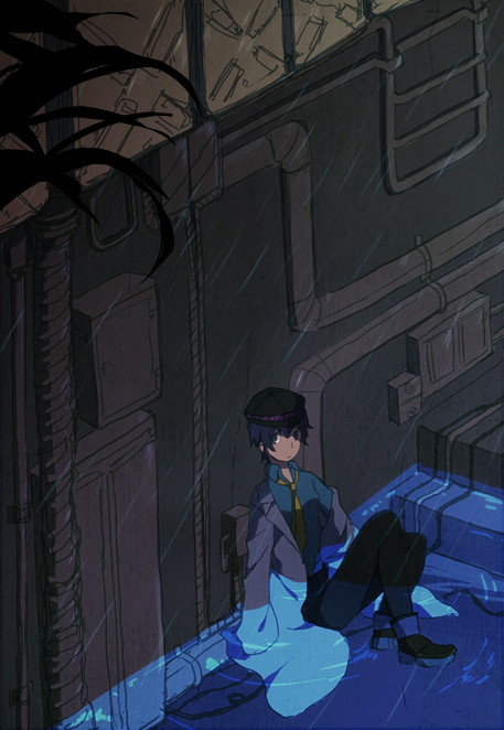 yabu (yb8548), shirogane naoto, atlus, persona, persona 4, bad id, bad pixiv id, 1girl, androgynous, female focus, hat, lab coat, necktie, newsboy cap, partially submerged, rain, reverse trap, shirt, short hair, solo, water