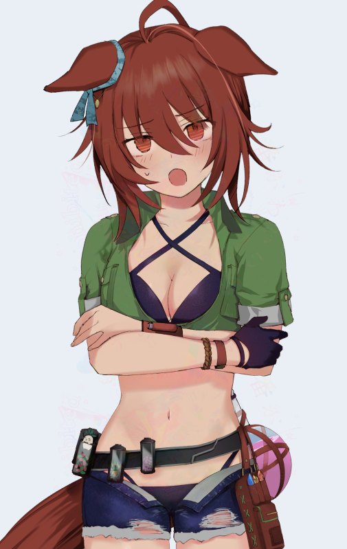 nazuka (mikkamisaki), agnes tachyon (lunatic lab) (umamusume), agnes tachyon (umamusume), umamusume, commentary request, 1girl, :o, animal ears, belt, bikini, bikini under clothes, black belt, black bikini, black gloves, blush, breasts, brown hair, cleavage, cowboy shot, crossed arms, denim, denim shorts, flask, gloves, green jacket, horse ears, horse girl, horse tail, jacket, looking at viewer, medium breasts, navel, official alternate costume, open mouth, red eyes, round-bottom flask, short shorts, short sleeves, shorts, simple background, single glove, solo, stomach, swimsuit, tail, torn clothes, torn shorts, white background