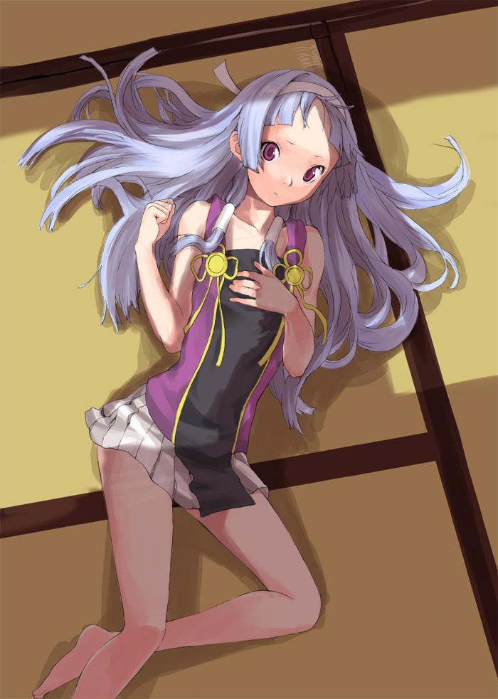 kenji (artist), makimura shunsuke, nagi, kannagi, bad id, bad pixiv id, 00s, 1girl, barefoot, blue hair, blunt bangs, female focus, flat chest, from above, long hair, lying, on back, on floor, purple eyes, solo, tatami