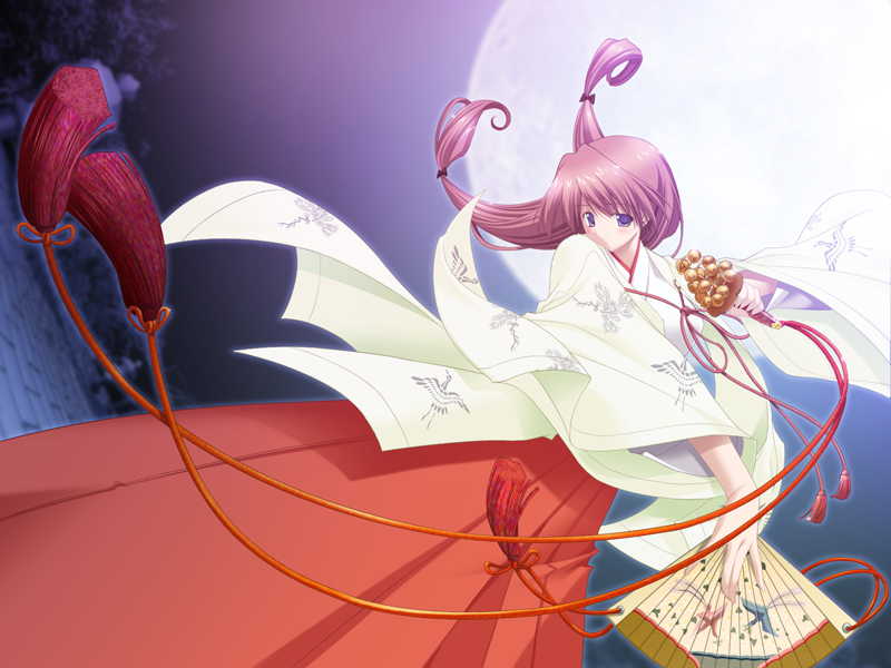 goma satoshi, oshiete miko sensei (series), game cg, 1girl, bell, bow, breasts, brown hair, chihaya (clothing), crane print, floating hair, folding fan, full moon, hair bow, hakama, hakama skirt, hand fan, japanese clothes, jingle bell, large breasts, long hair, miko, moon, night, oshiete miko sensei ni, purple eyes, red hakama, shiratori mina (oshiete miko sensei), skirt, sky, solo, string, tassel, wind