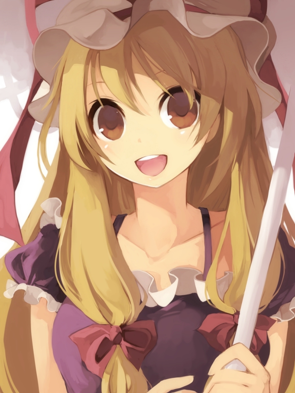 hijiri (resetter), hiz (pixiv), yakumo yukari, touhou, bad id, bad pixiv id, 1girl, :d, blonde hair, brown eyes, close-up, female focus, hat, long hair, open mouth, parasol, ribbon, smile, solo, umbrella