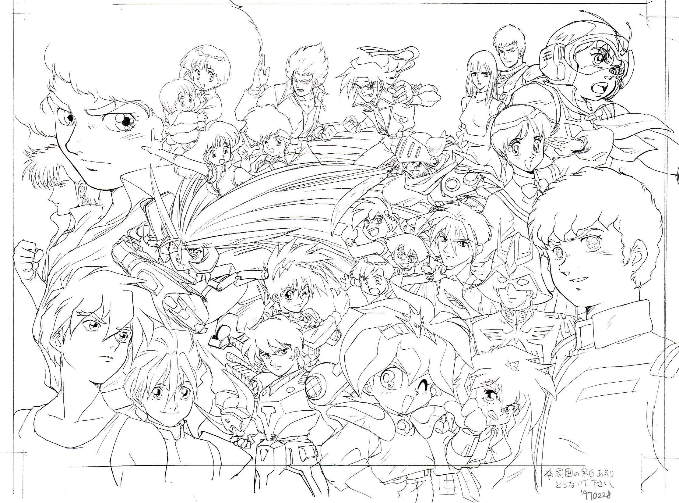 dokite tsukasa, amuro ray, char aznable, chirico cuvie, cosmo yuki, fiana, kanzaki hitomi, densetsu kyojin ideon, dirty pair, g gundam, gundam, gundam wing, haou taikei ryuu knight, mobile suit gundam, soukou kihei votoms, sunrise (company), tenkuu no escaflowne, character request, highres, official art, breasts, closed mouth, company connection, lineart, long hair, looking at viewer, monochrome, multiple boys, multiple girls, open mouth, retro artstyle, short hair, smile, white background