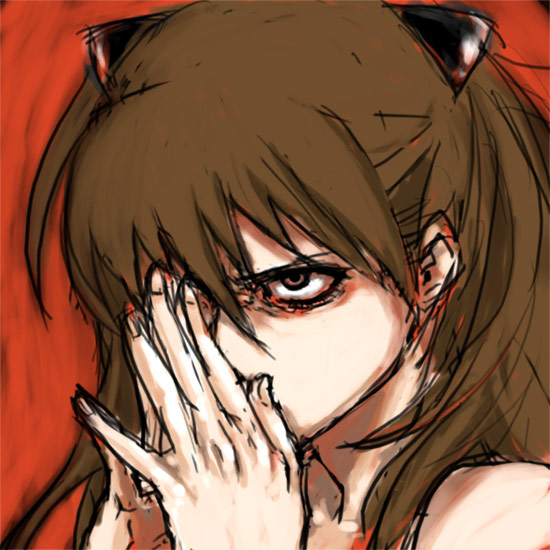 souryuu asuka langley, neon genesis evangelion, 1girl, angry, brown eyes, brown hair, crazy eyes, female focus, furious, glaring, hair ornament, hairclip, own hands together, solo, staring