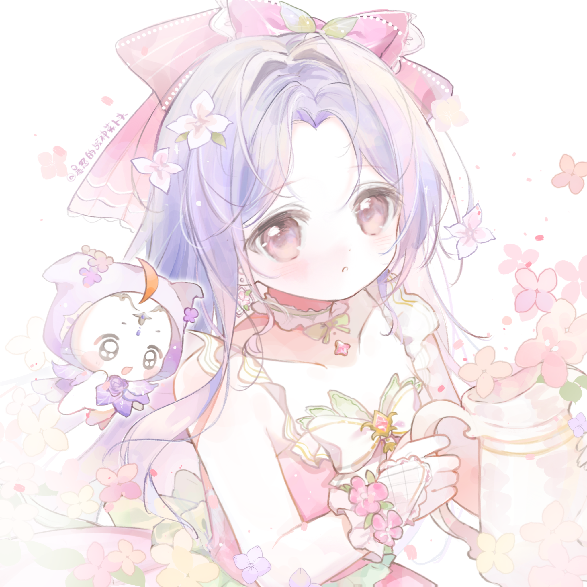 baonu de zhanshen caibutou, momo (nikki), infinity nikki, nikki (series), chinese commentary, commentary request, highres, making-of available, 1girl, :o, ahoge, animal, argyle clothes, argyle gloves, back ribbon, bare shoulders, black eyes, blunt bangs, bow, bowtie, bracelet, brooch, brown eyes, cat, choker, circlet, cloak, clothed animal, collarbone, courtyard flowers (infinity nikki), cowboy shot, dot nose, dress, dress flower, ear covers, expressionless, fingerless gloves, flower, flower bracelet, frilled choker, frilled dress, frilled gloves, frills, gloves, green bow, green bowtie, green choker, green ribbon, hair bow, hair flower, hair intakes, hair ornament, holding, holding watering can, hood, hood up, hooded cloak, jewelry, large bow, leaf, light blush, light particles, long hair, long sidelocks, loose hair strand, official alternate costume, parted lips, pink bow, pink dress, pink flower, pleated dress, purple bow, purple bowtie, purple cloak, purple hair, ribbon, sidelocks, simple background, sleeveless, sleeveless dress, smile, standing, striped bow, tareme, very long hair, watering can, white background, white bow, white bowtie, white cat, white gloves
