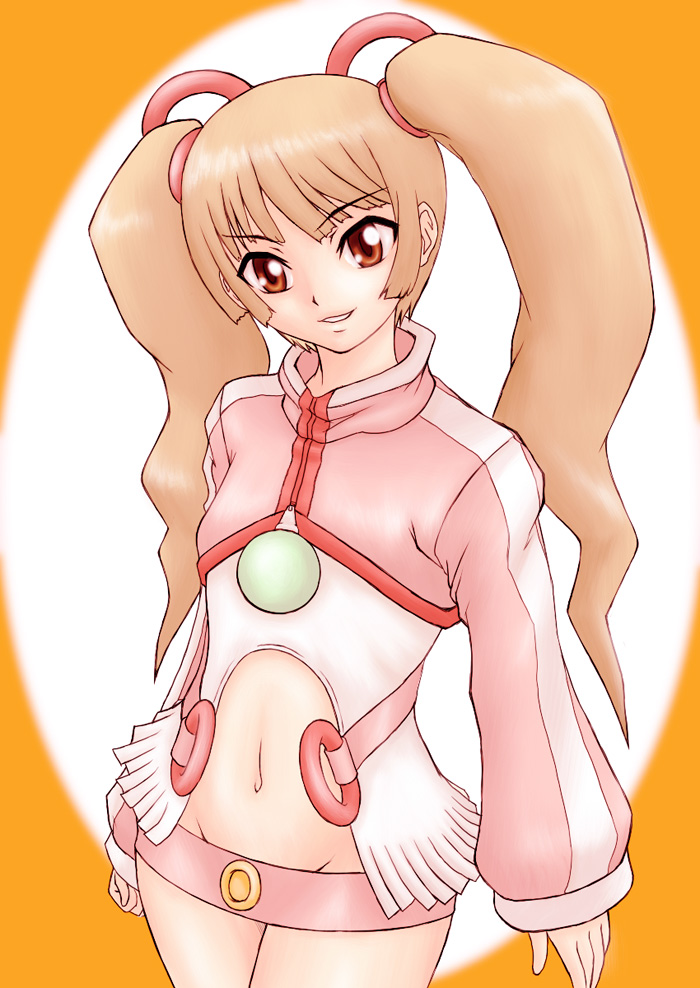 amy (bakuretsu tenshi), bakuretsu tenshi, 00s, 1girl, belt, belt skirt, female focus, navel, smile, solo, twintails