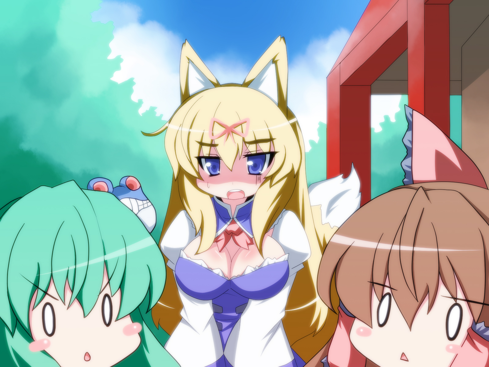 oborotsuki kakeru, hakurei reimu, kochiya sanae, yakumo yukari, touhou, highres, 3girls, animal ears, blonde hair, blush, blush stickers, breasts, brown hair, cleavage, female focus, fox ears, fox tail, green hair, hair ribbon, kemonomimi mode, large breasts, multiple girls, ribbon, tail