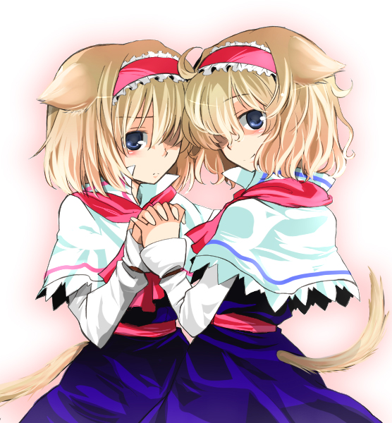 myama, toraneko, alice margatroid, touhou, bad id, bad pixiv id, colorized, 2girls, animal ears, capelet, cat ears, cat girl, cat tail, dual persona, female focus, gradient background, multiple girls, standing, tail, time paradox, white background
