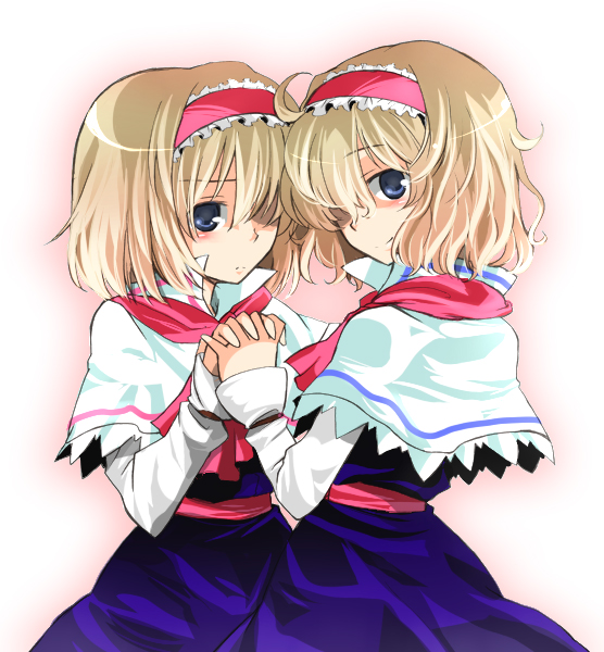 myama, toraneko, alice margatroid, touhou, bad id, bad pixiv id, colorized, 2girls, blonde hair, blue eyes, capelet, dual persona, female focus, gradient background, hairband, multiple girls, ribbon, short hair, standing, time paradox, white background