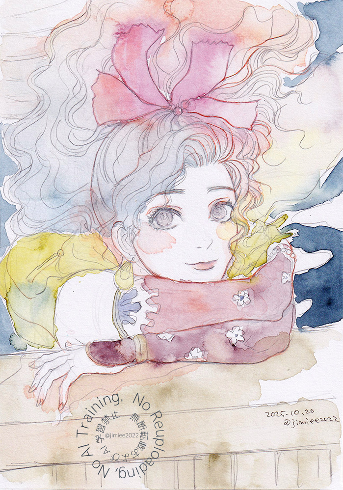 jimiee2022, tina branford, final fantasy, final fantasy vi, commentary request, painting (medium), traditional media, watercolor (medium), 1girl, blonde hair, brown eyes, closed mouth, dated, detached sleeves, earrings, floating hair, hair floating upwards, hair ribbon, jewelry, lips, long hair, looking at viewer, pale color, ponytail, ribbon, self hug, solo, twitter username, upper body, watermark