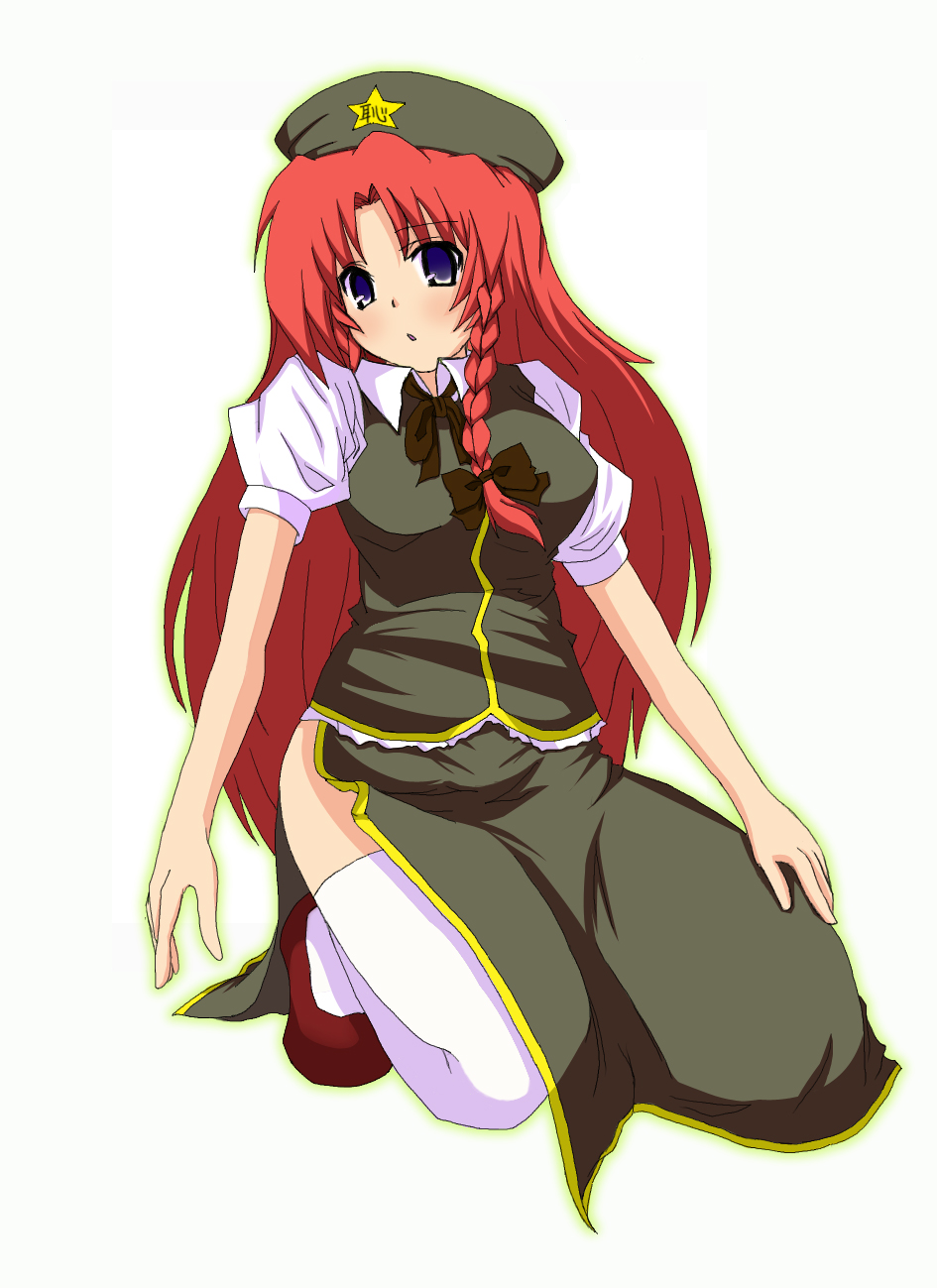 akirakko, hong meiling, embodiment of scarlet devil, touhou, bad id, bad pixiv id, highres, 1girl, breasts, female focus, full body, hat, skirt, solo, thighhighs, white background, white thighhighs