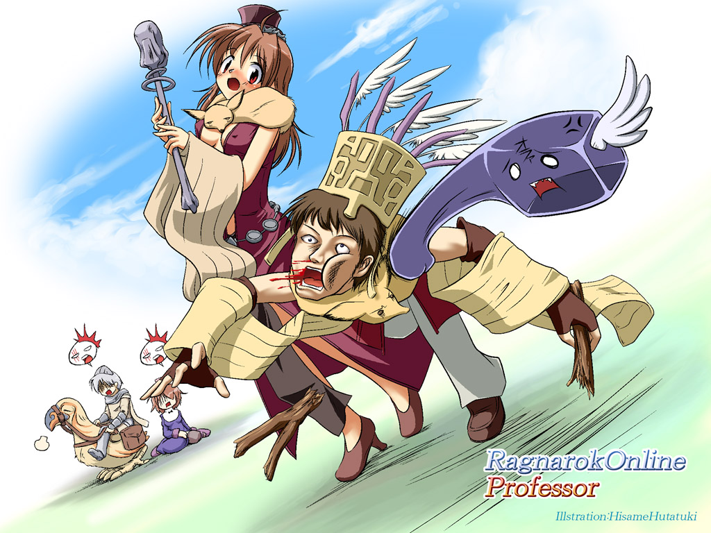 futatsuki hisame, knight (ragnarok online), peco peco, priest (ragnarok online), professor (ragnarok online), ragnarok online, commentary request, 2000s (style), 2boys, 2girls, animal, animal around neck, armored boots, blue sky, boots, breasts, brown gloves, brown hair, character name, copyright name, covered erect nipples, crown, day, detached sleeves, dress, fingerless gloves, fox, full body, gameplay mechanics, gloves, green eyes, holding, holding staff, in the face, long hair, looking at another, medium breasts, multiple boys, multiple girls, open mouth, outdoors, pants, punching, purple dress, red dress, red eyes, reins, short hair, skeggiold (ragnarok online), sky, sleeveless, sleeveless dress, staff, surprised, white pants, yellow sleeves