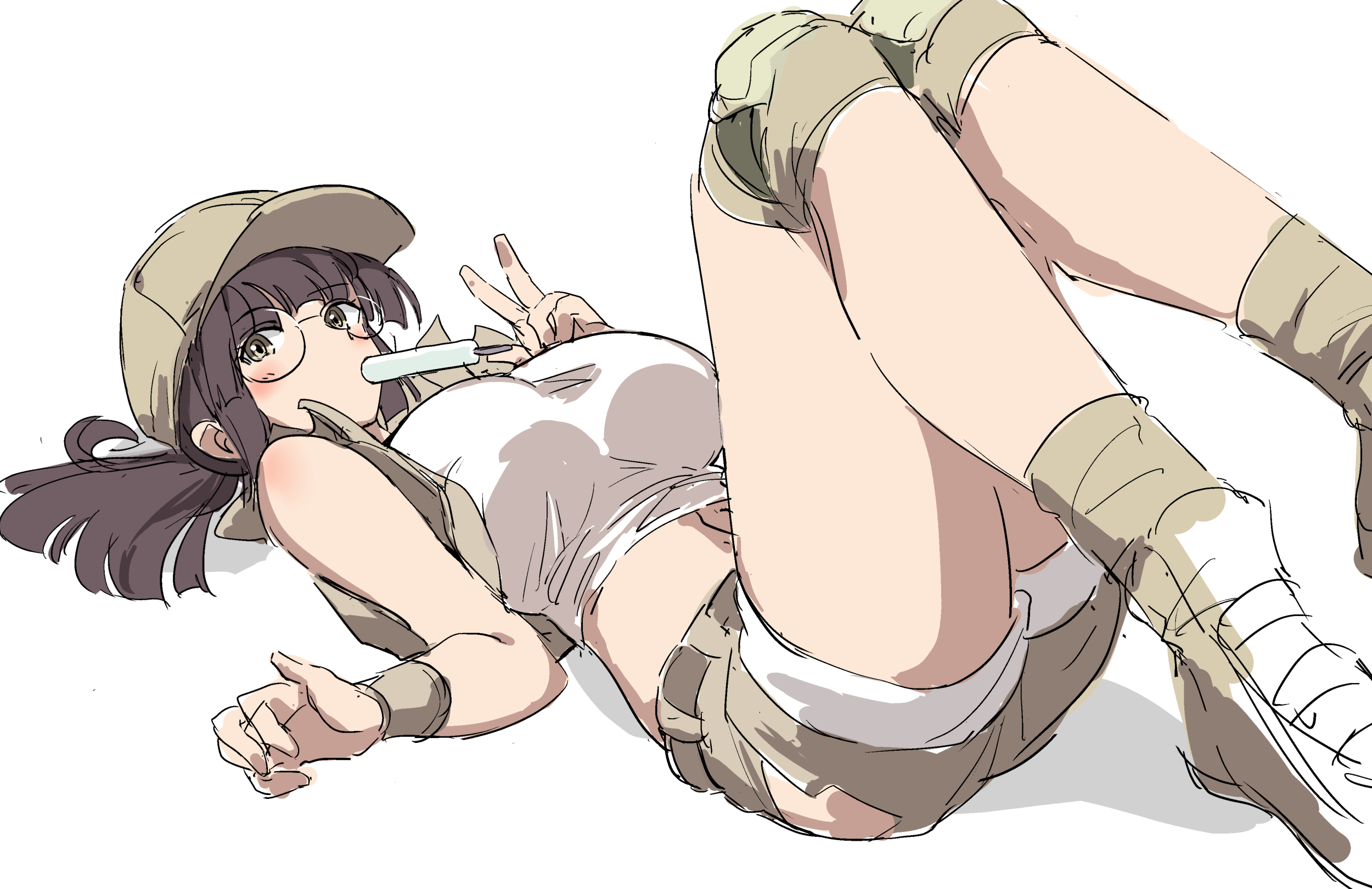 huanxiang huifeng, fio germi, metal slug, highres, 1girl, baseball cap, breasts, brown eyes, brown hair, crop top, food, food in mouth, glasses, hat, knee pads, large breasts, looking at viewer, lying, midriff, on back, open clothes, open vest, ponytail, popsicle, popsicle in mouth, round eyewear, short shorts, shorts, solo, utility vest, v, vest, white background