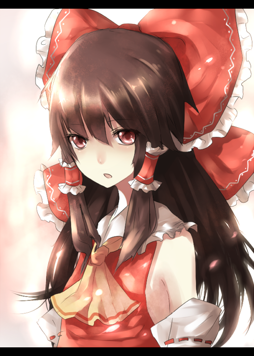 neota, hakurei reimu, touhou, bad id, bad pixiv id, 1girl, bow, brown hair, female focus, gradient background, hair bow, letterboxed, long hair, red eyes, solo, upper body, white background
