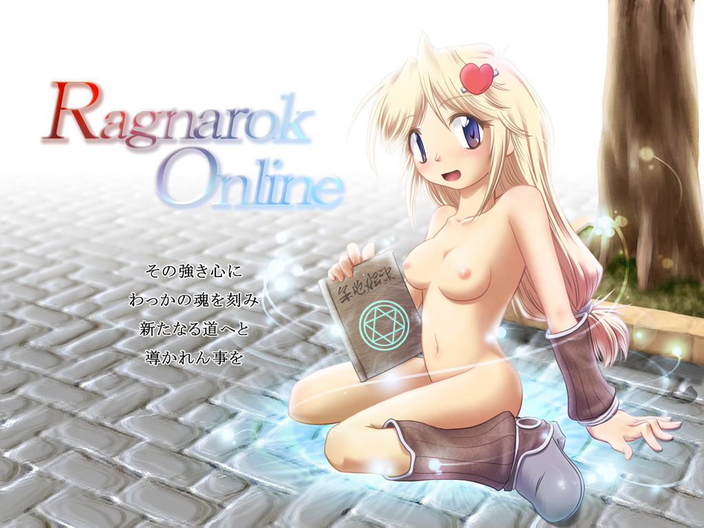 futatsuki hisame, sage (ragnarok online), ragnarok online, commentary request, translation request, 1girl, 2000s (style), arm warmers, aura, blonde hair, blush, book, breasts, brick floor, brown shoes, brown socks, copyright name, full body, hair ornament, heart, heart hair ornament, holding, holding book, long hair, looking at viewer, magic circle, medium breasts, navel, nipples, nude, open mouth, outdoors, purple eyes, shoes, sitting, smile, socks, solo, tree, wariza