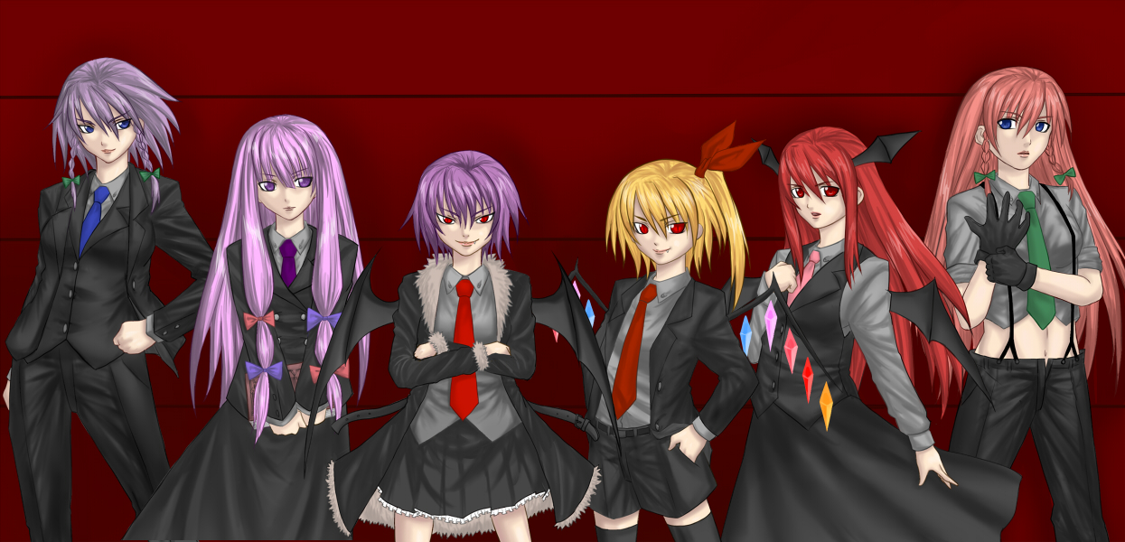 baldish assault, flandre scarlet, hong meiling, izayoi sakuya, koakuma, patchouli knowledge, remilia scarlet, embodiment of scarlet devil, touhou, bad id, bad pixiv id, 6+girls, alternate costume, contemporary, female focus, lineup, multiple girls, thighhighs