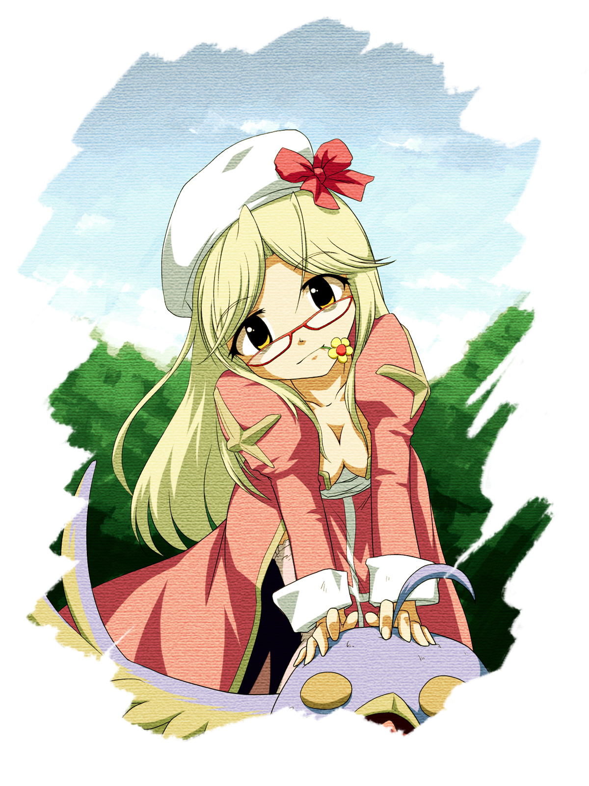 futatsuki hisame, filir (ragnarok online), high priest (ragnarok online), ragnarok online, commentary request, highres, 1girl, 2000s (style), beret, bird, blonde hair, blue bird, blue sky, border, bow, breasts, canvas texture, cleavage, closed mouth, cowboy shot, downblouse, dress, flower, flower in mouth, glasses, hat, hat bow, juliet sleeves, leaning forward, long hair, long sleeves, looking at viewer, medium breasts, outdoors, pink thighhighs, puffy sleeves, red-framed eyewear, red bow, red dress, red eyes, sky, smile, solo, thighhighs, white border, white hat, yellow eyes, yellow flower