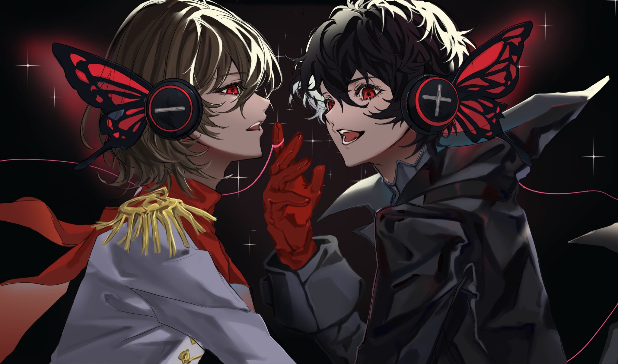 akechi gorou, amamiya ren, crow (persona 5), joker (persona 5), magnet (vocaloid), persona, persona 5, highres, 2boys, adumi231, black coat, black gloves, black hair, brown hair, butterfly wings, coat, epaulettes, formal clothes, gloves, hair between eyes, headphones, insect wings, jacket, long sleeves, multiple boys, red eyes, red scarf, scarf, short hair, simple background, smile, sparkle, string, string of fate, suit, wings