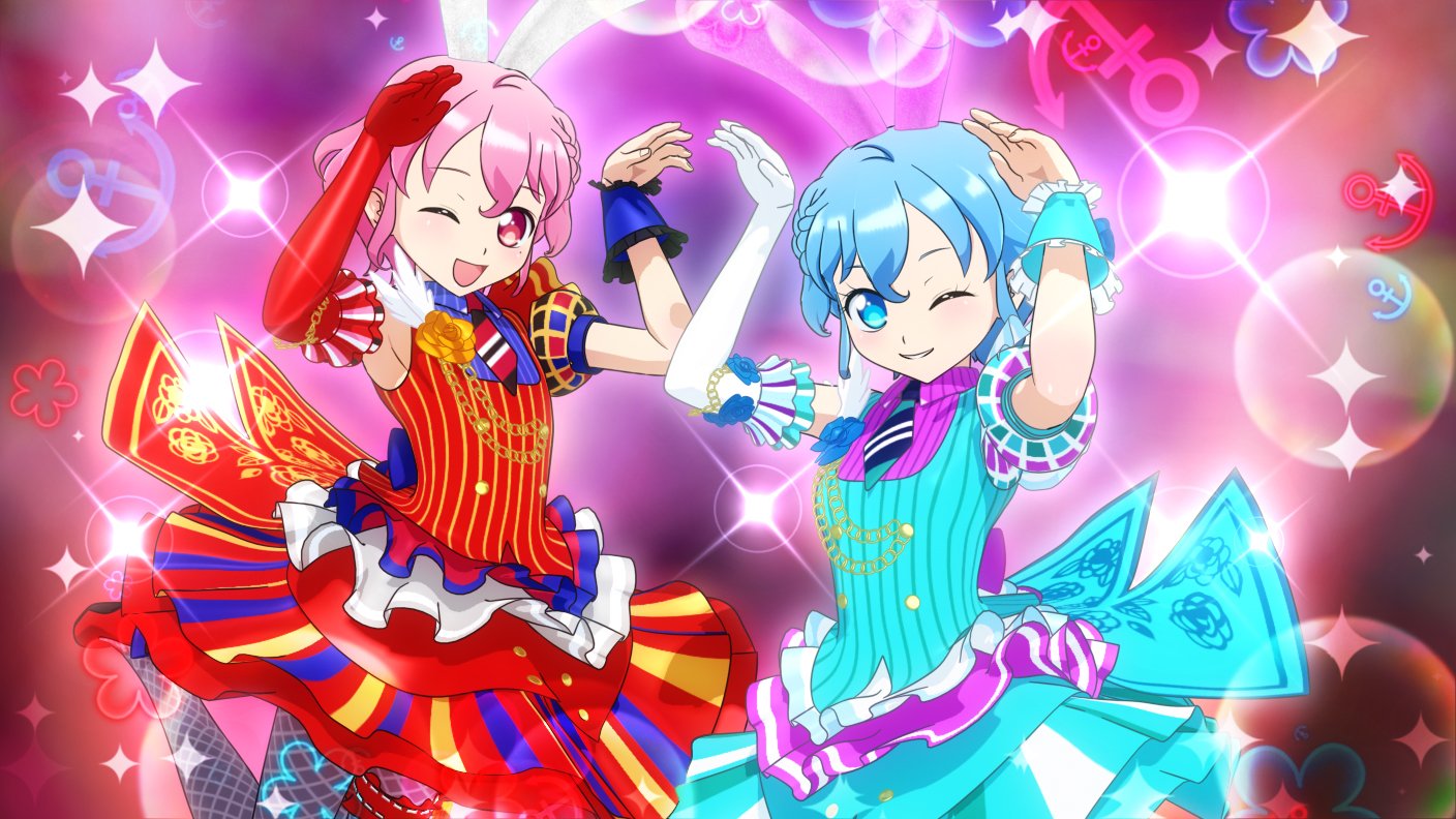 dorothy west, reona west, pretty series, pripara, official art, 1boy, 1girl, 3d, :d, animal ear hairband, animal ears, arms up, black leotard, blue dress, blue eyes, blue hair, blush, braid, brother and sister, crossdressing, crossdressing (mtf), dress, fake animal ears, frilled dress, frilled shirt, frills, grin, hairband, highleg, highleg leotard, leotard, looking at viewer, mole, mole under eye, one eye closed, open mouth, otudane, pantyhose, pink eyes, pink hair, playboy bunny, puffy short sleeves, puffy sleeves, rabbit ear hairband, rabbit ears, rabbit pose, red dress, shirt, short hair, short sleeves, siblings, side braid, skirt, smile, sparkle, sparkling aura, trap, twins