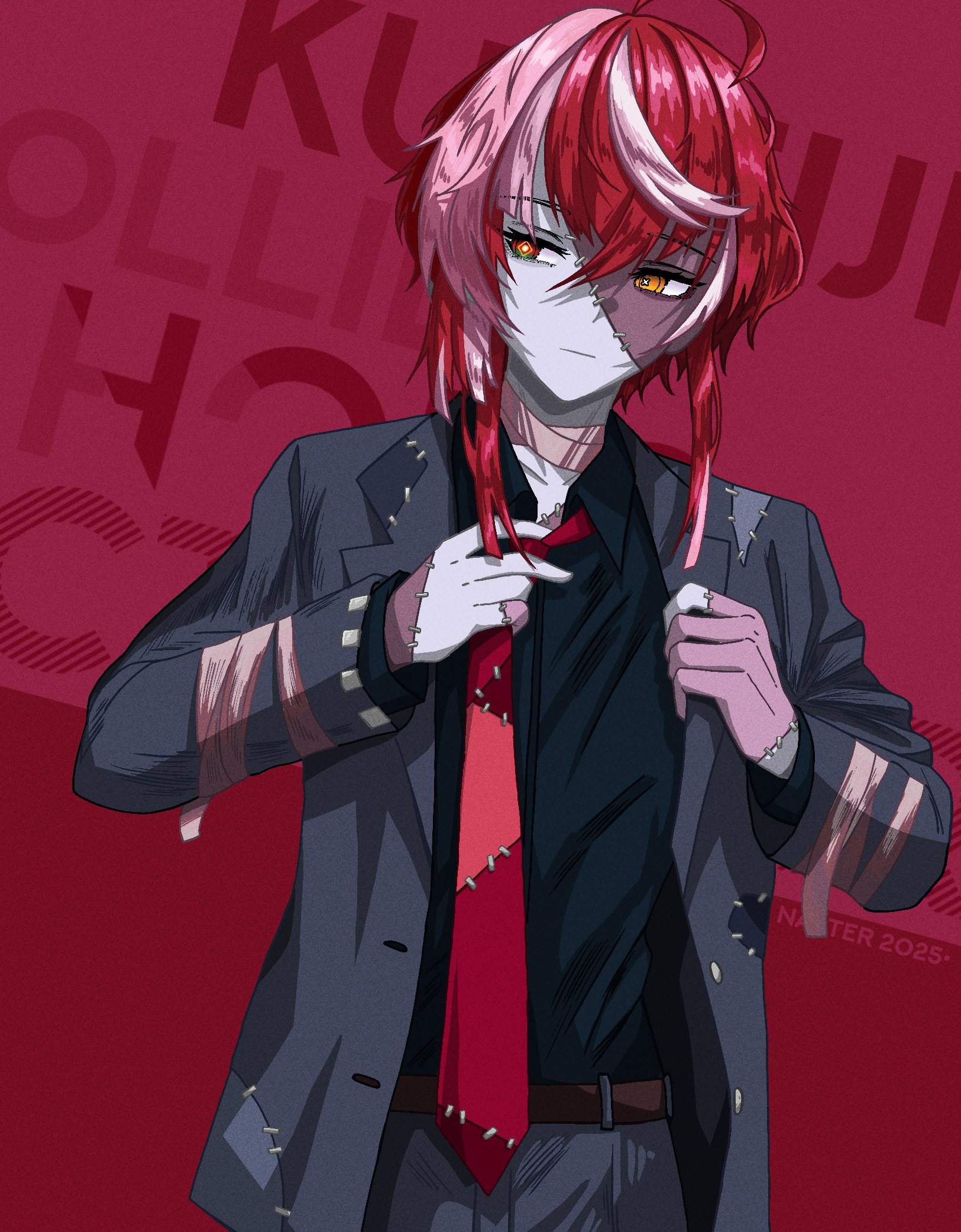 nasterro, kureiji ollie, hololive, hololive indonesia, highres, 1boy, ahoge, belt, dress shirt, formal clothes, genderswap, genderswap (ftm), heterochromia, multicolored hair, necktie, patch, pink hair, red eyes, red hair, shirt, short hair with long locks, solo, stitches, streaked hair, suit, symbol-shaped pupils, virtual youtuber, yellow eyes