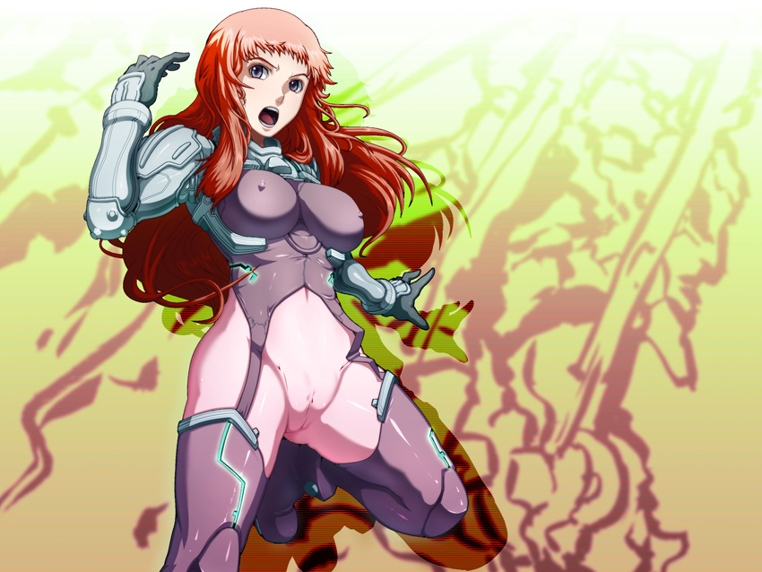 caryo, tabigarasu, ken marinaris, zone of the enders, zone of the enders 2, 00s, 1girl, :o, angry, armor, blunt bangs, bodysuit, boots, breasts, cameltoe, covered erect nipples, curvy, female focus, fighting stance, garter straps, gauntlets, gloves, glowing, grey eyes, groin, impossible clothes, large breasts, leg up, long hair, no panties, open mouth, pink hair, purple bodysuit, purple thighhighs, pussy, red hair, shiny clothes, skin tight, solo, standing, standing on one leg, thighhighs, uncensored, very long hair, wide hips