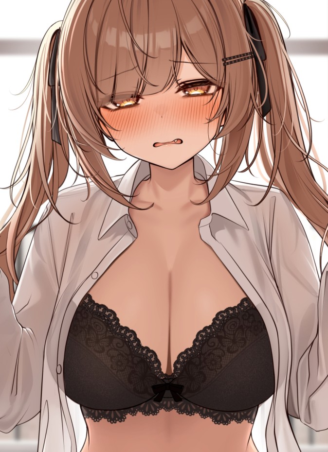 monaka curl, imouto-chan (monaka curl), original, commentary request, 1girl, black bra, black ribbon, blush, bra, breasts, brown eyes, brown hair, cleavage, collared shirt, hair ribbon, large breasts, long hair, open clothes, open shirt, ribbon, shirt, solo, twintails, underwear, upper body, white shirt, yellow eyes
