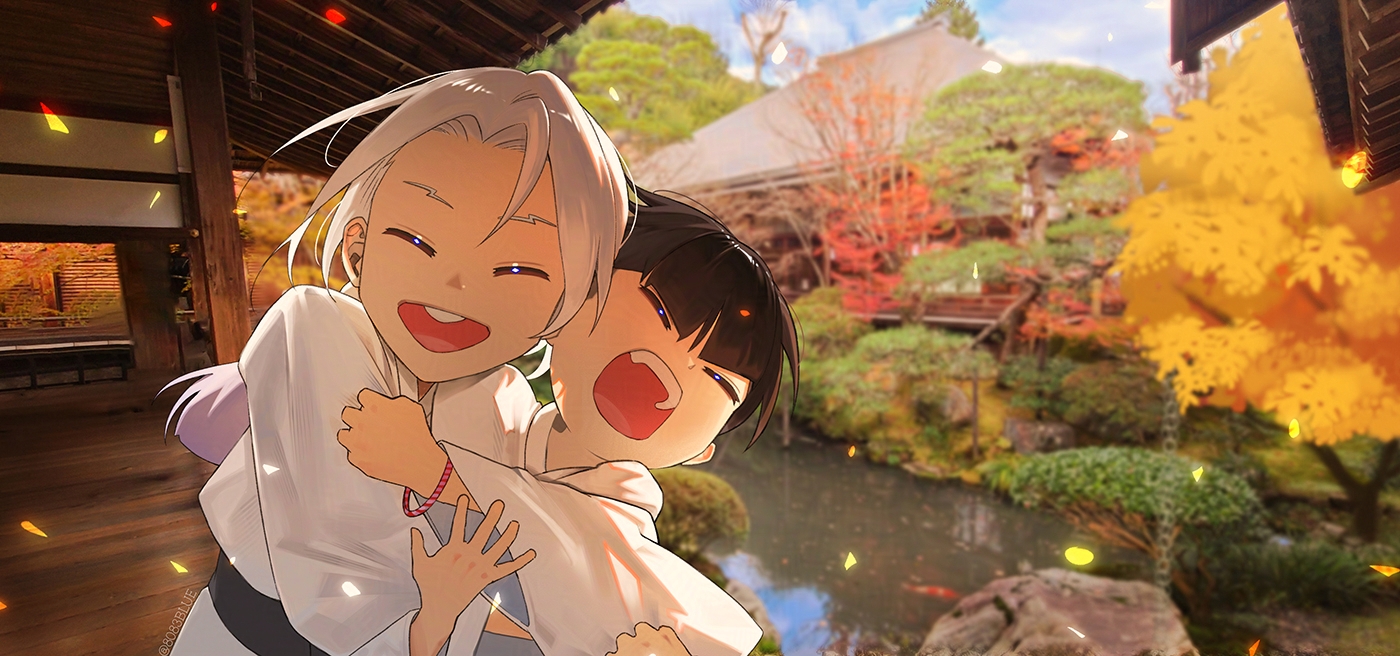 8083 blue, hoshina soshiro, kaijuu no. 8, commentary, 2boys, aged down, black hair, bracelet, brothers, closed eyes, facing viewer, happy, hoshina soichiro, hug, jewelry, koi, multiple boys, open mouth, outdoors, photo background, pond, short hair, siblings