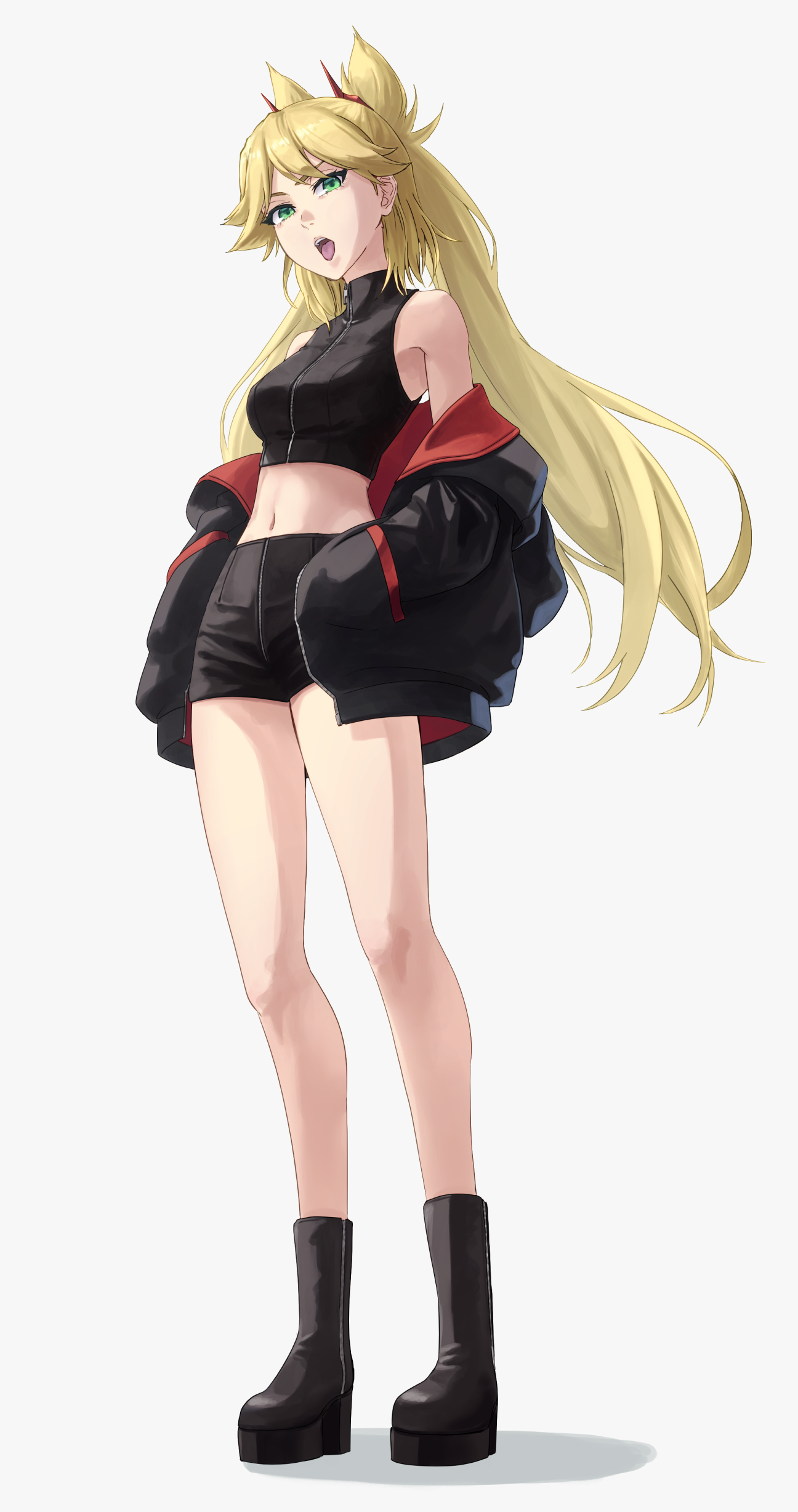 mitarashi (5333069), ninny spangcole, burn the witch, absurdres, highres, 1girl, bare shoulders, black jacket, blonde hair, boots, breasts, collarbone, female focus, full body, green eyes, hair ornament, hands in pockets, jacket, knee boots, long hair, navel, open mouth, simple background, small breasts, solo, solo focus, standing, white background