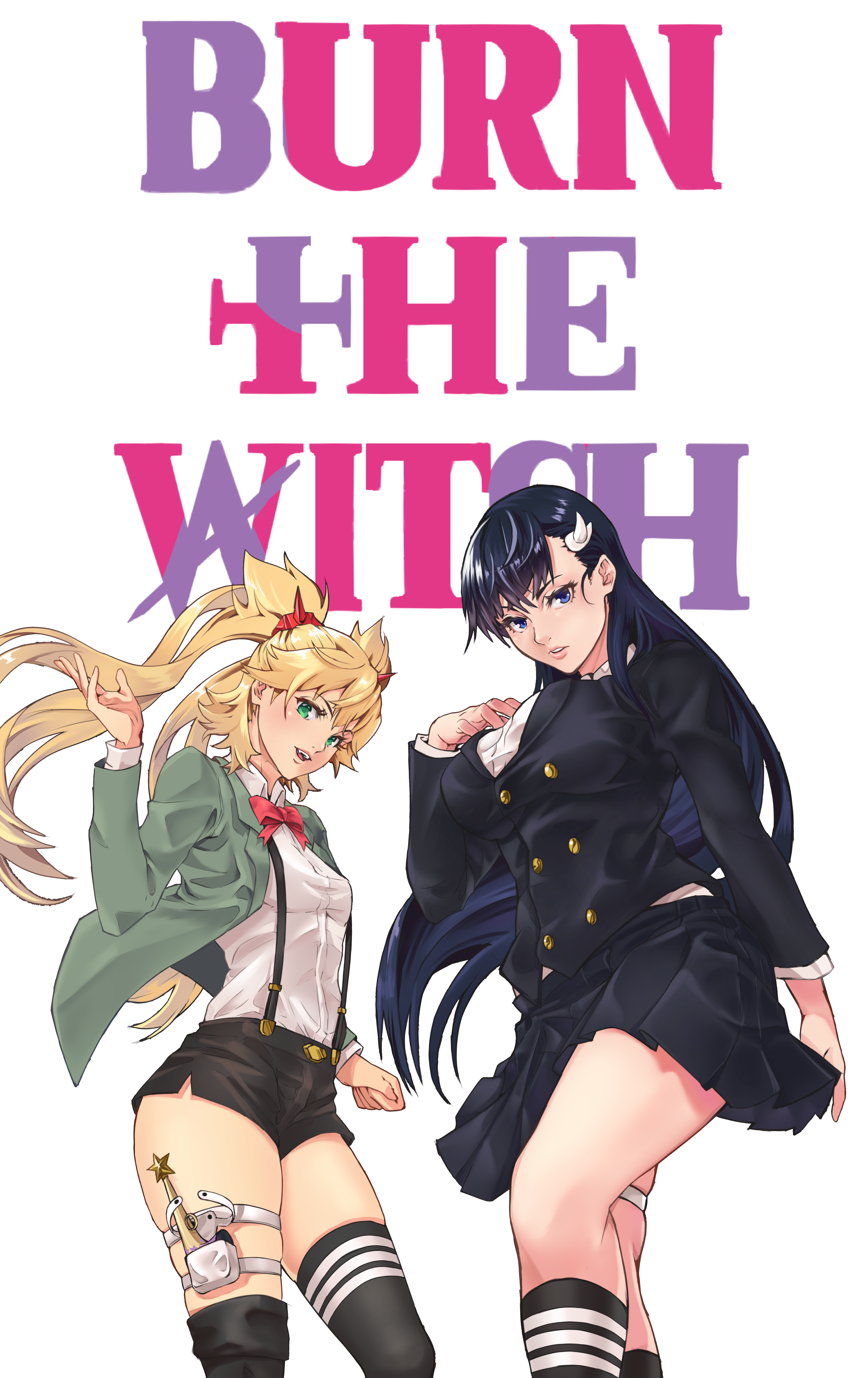 kerana art, niihashi noel, ninny spangcole, burn the witch, absurdres, highres, 2020, 2girls, black hair, blonde hair, blue eyes, breasts, copyright name, green eyes, hair ornament, jacket, large breasts, long hair, multiple girls, red ribbon, ribbon, school uniform, simple background, skirt, small breasts, suspenders, thighhighs, thighs, twintails, weapon, white background